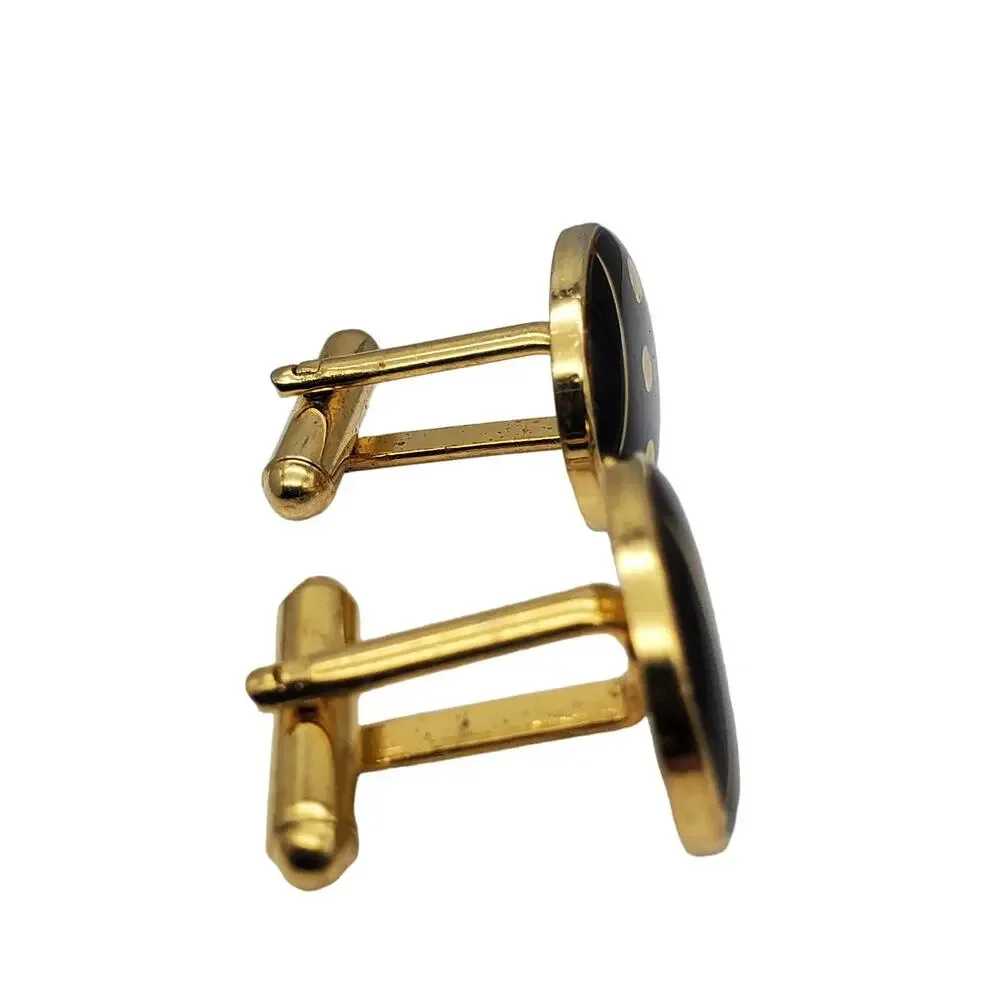 Oval Black Enamel Cufflinks Gold Tone Dot Stripe Deco Retro Vintage Mens Jewelry